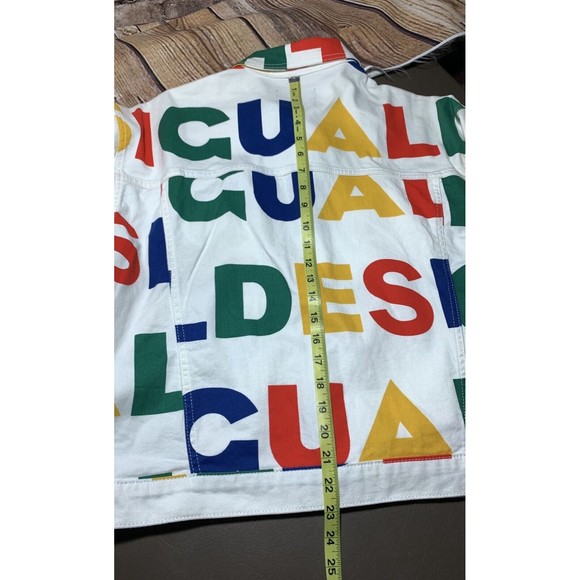 Desigual Multicolor Logo Print White Denim Jean Jacket L Graphic Button Front - Picture 8 of 16